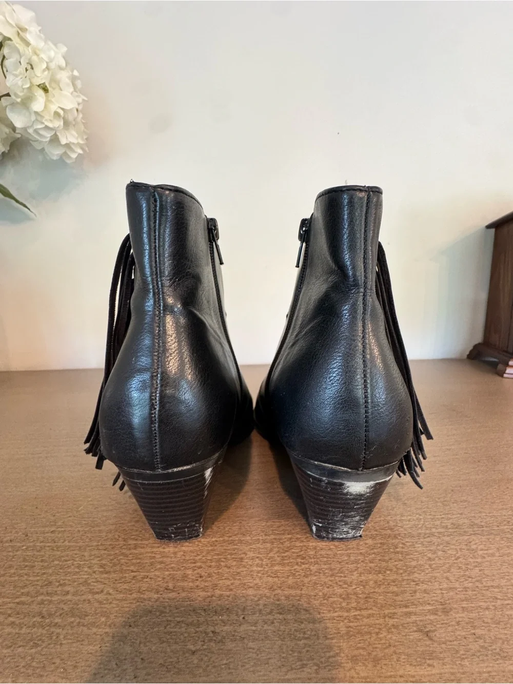 Women's Black Leather Fringe Ankle Boots